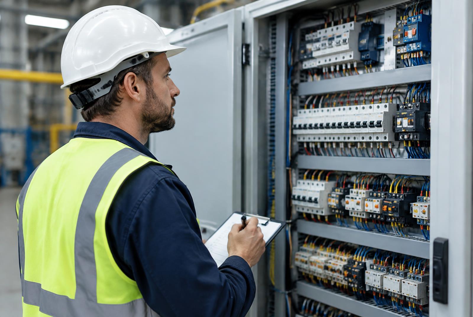 Technician inspecting electrical panel